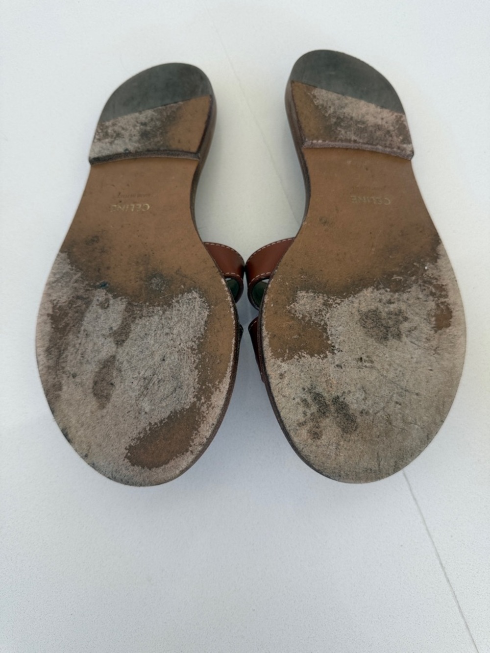 Celine Tan Brown Leather Logo Slide Sandals with Gold Studs - Picture 3 of 5